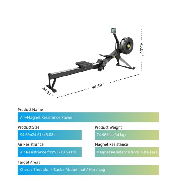 Air resistance & magnetic resistance 2-in-1 rowing machine